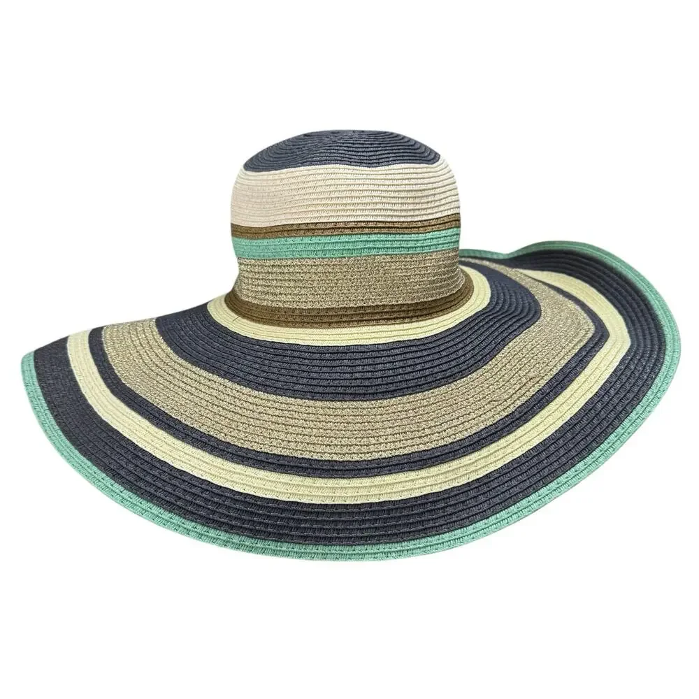 THE WEBSTER Target Navy Striped Woven Sun Hat Tan Green Gold Brown Summer Beach